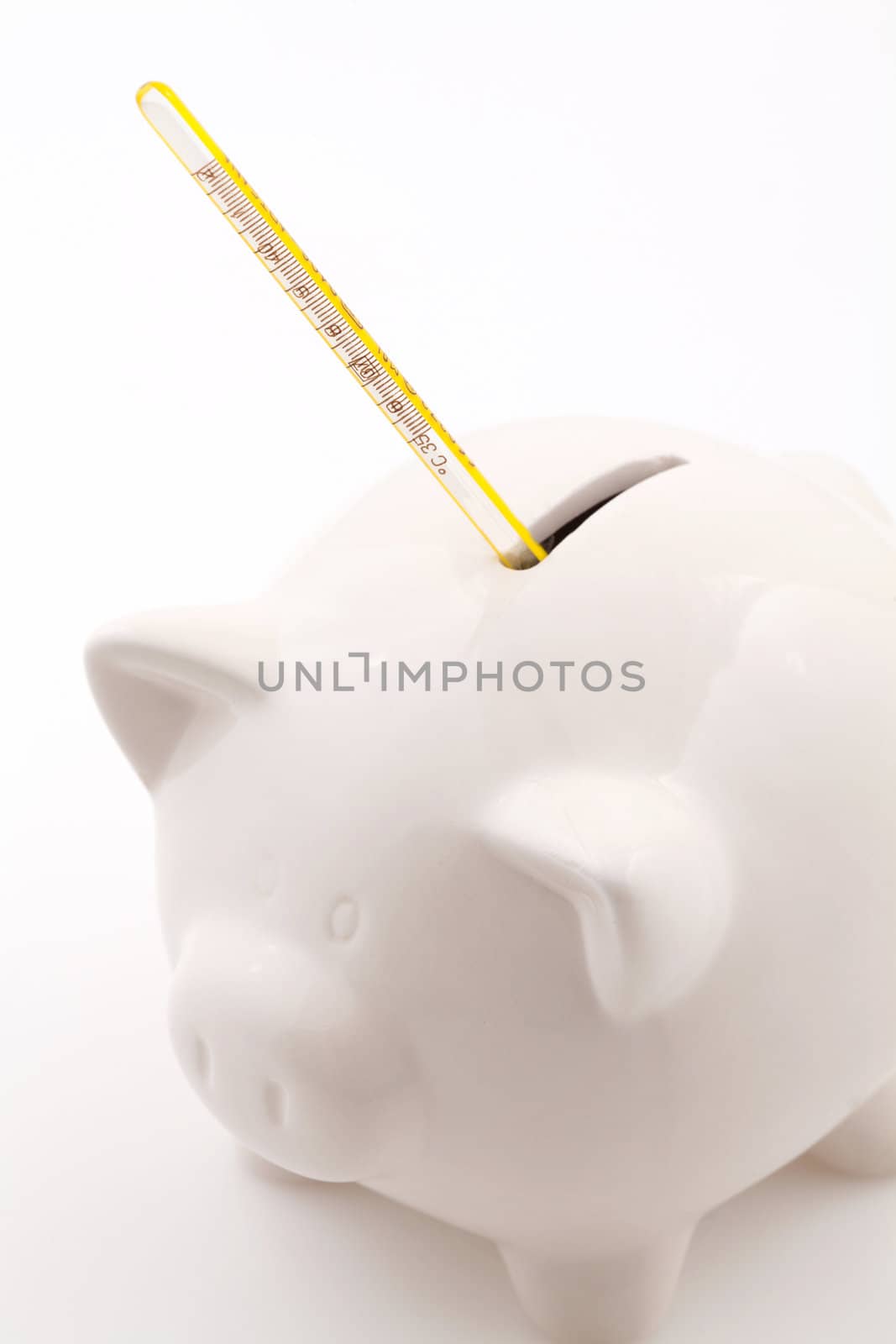 Piggy bank money box. Let's take the temperature of the economy with a thermometer