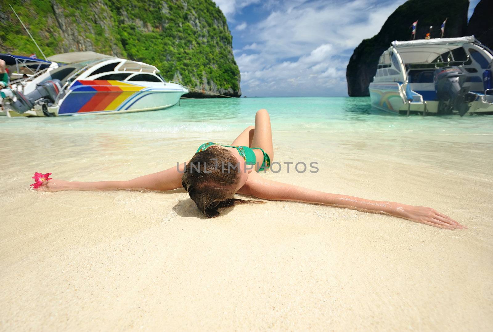 Woman in beautiful lagoon at  Phi Phi Ley island, the exact place where "The Beach" movie was filmed