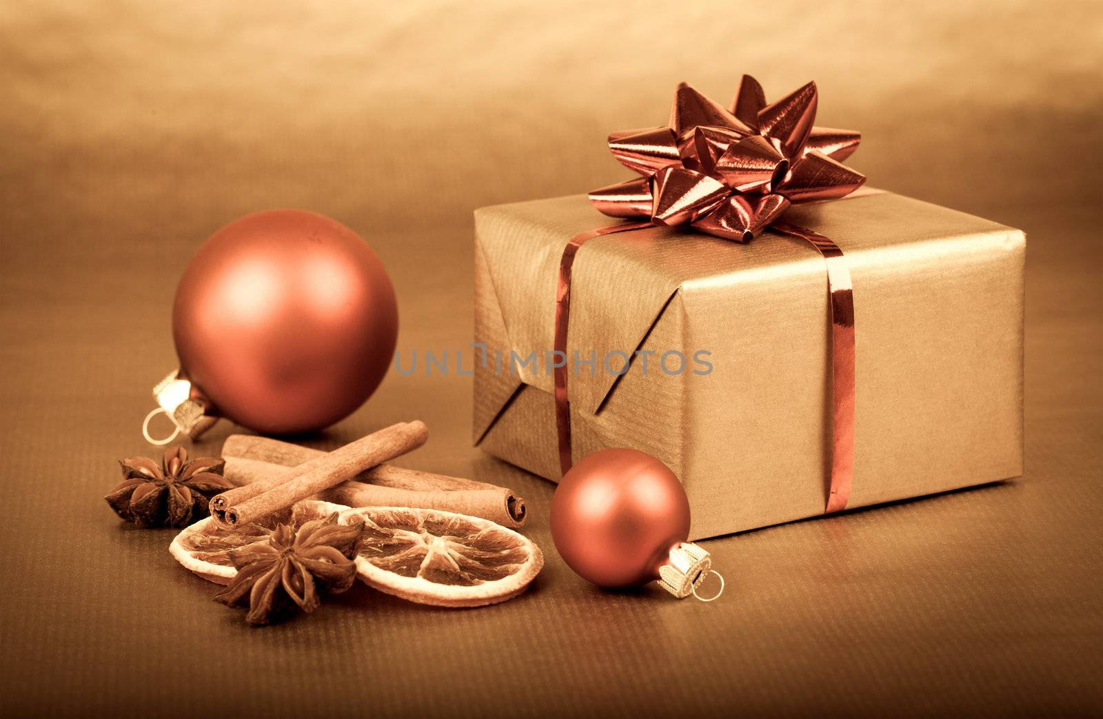 Christmas gift box with christmas balls with snow