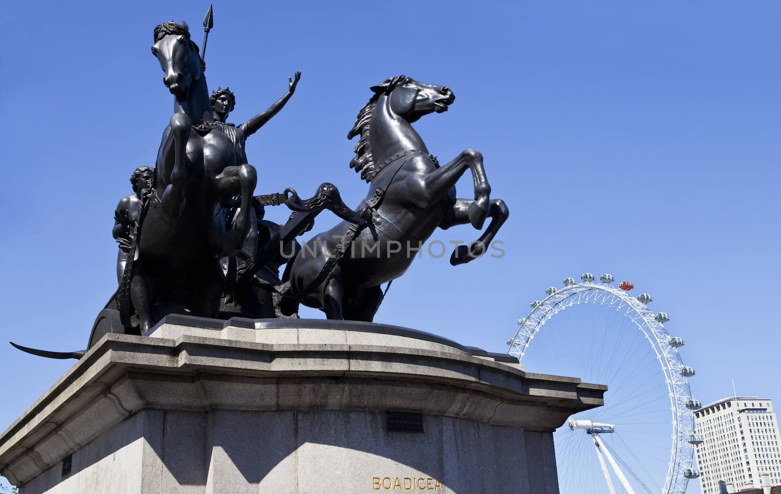 Queen Boudica/Boadicea Statue and the London Eye in Westminster.