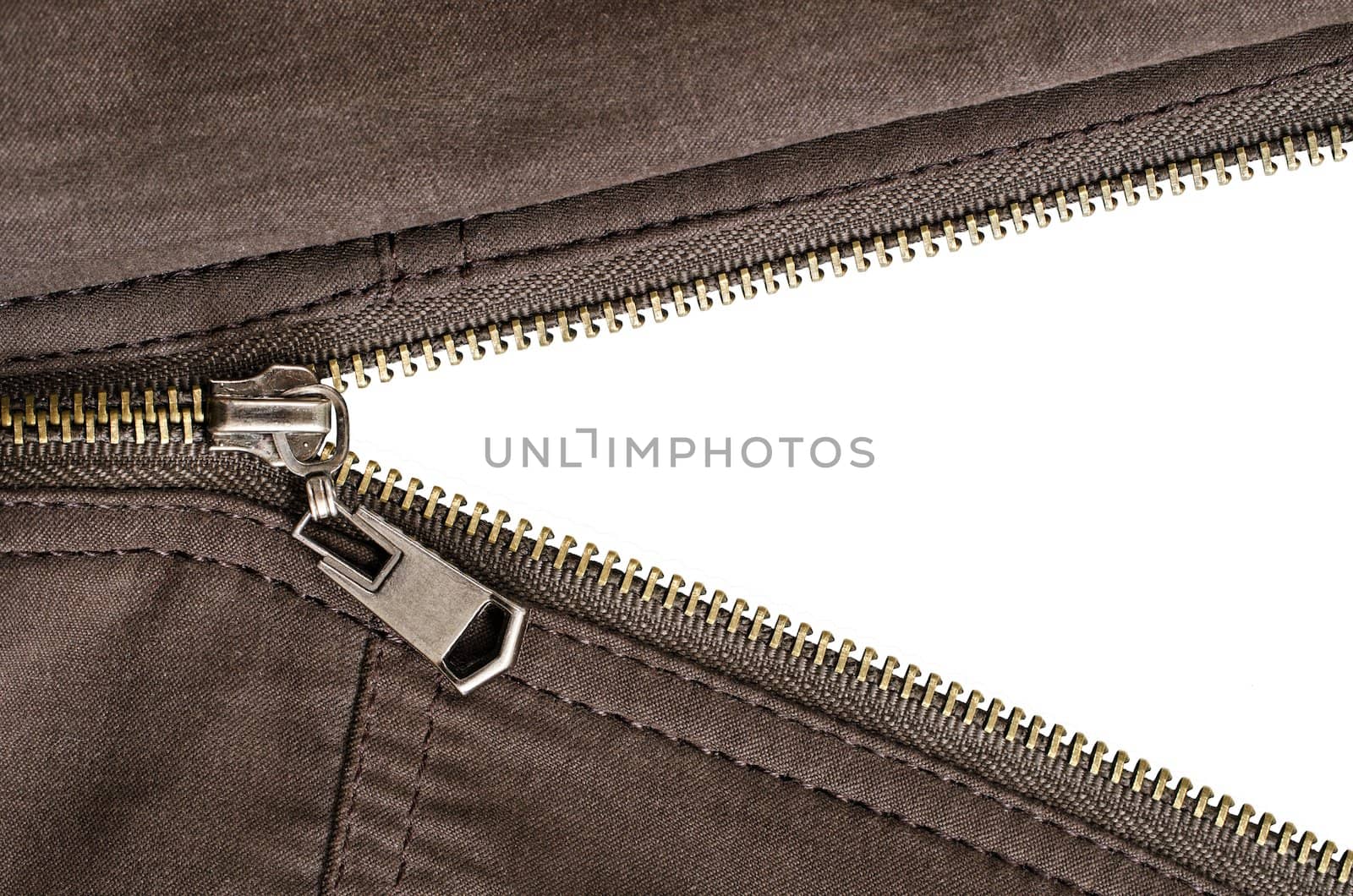 opened zipper over white background, horizontal shot