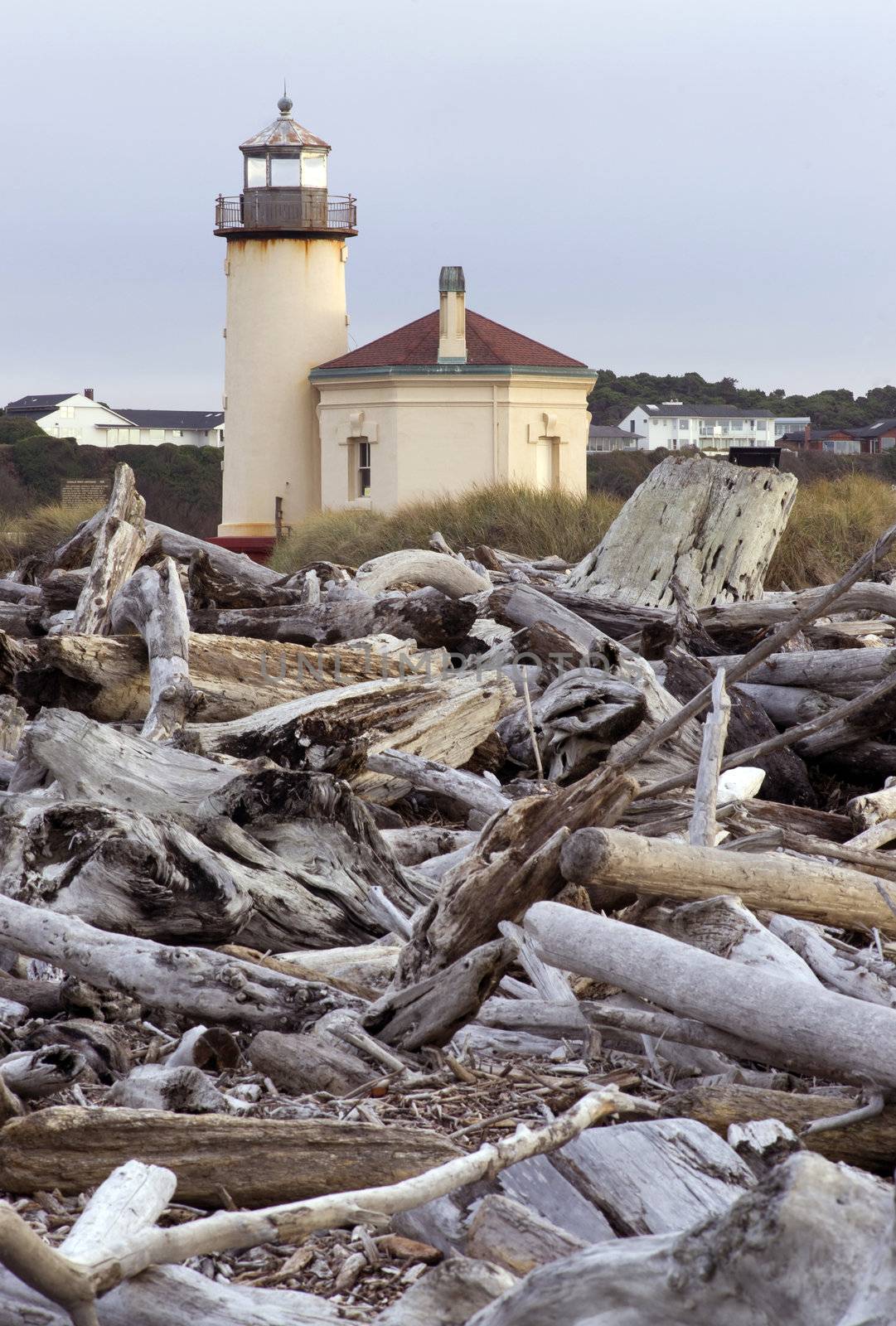 Beach driftwood at low tide in front of Coquille River Lighthouse in Oregon