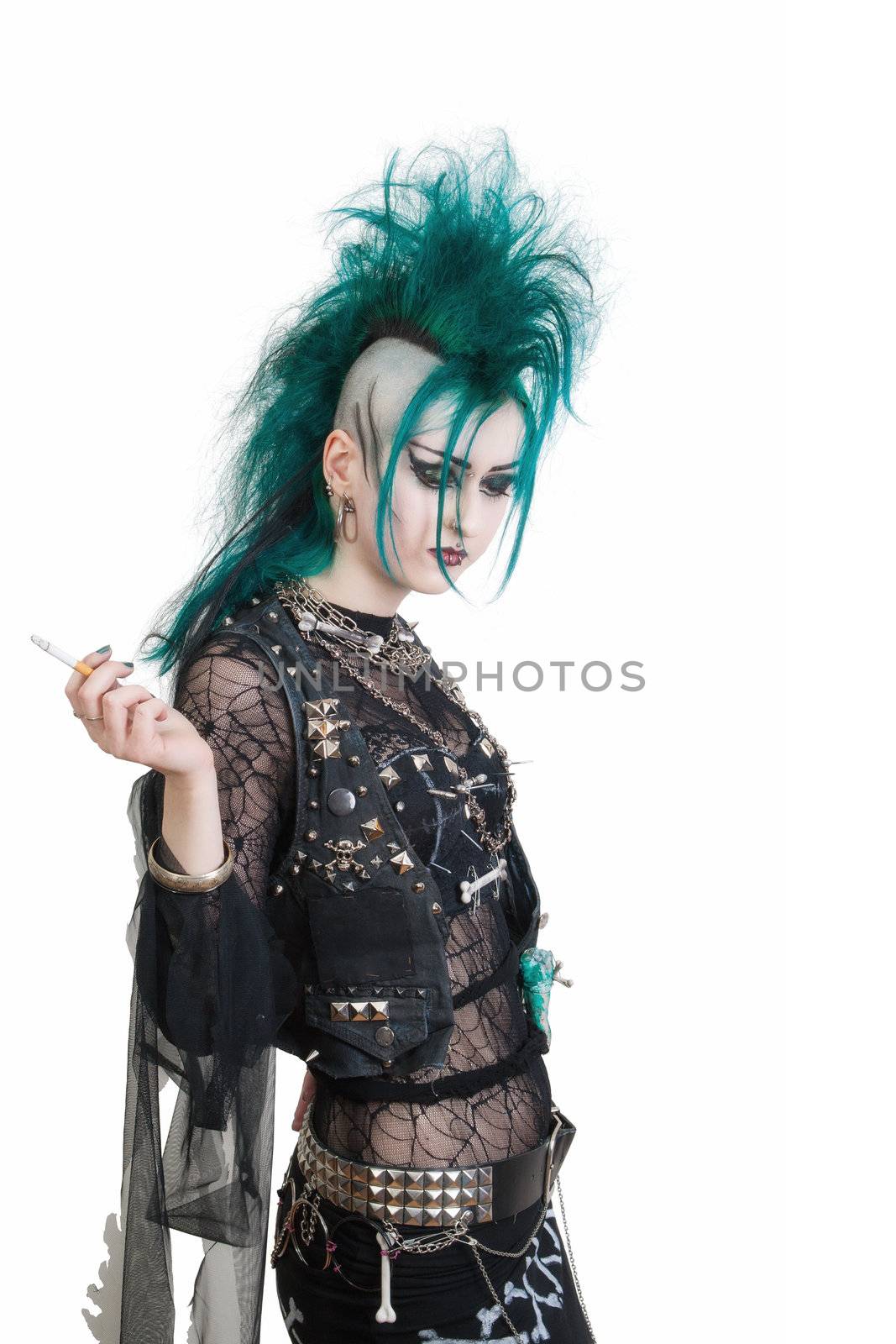 green haired postpunk girl smoking a cigarette on white background