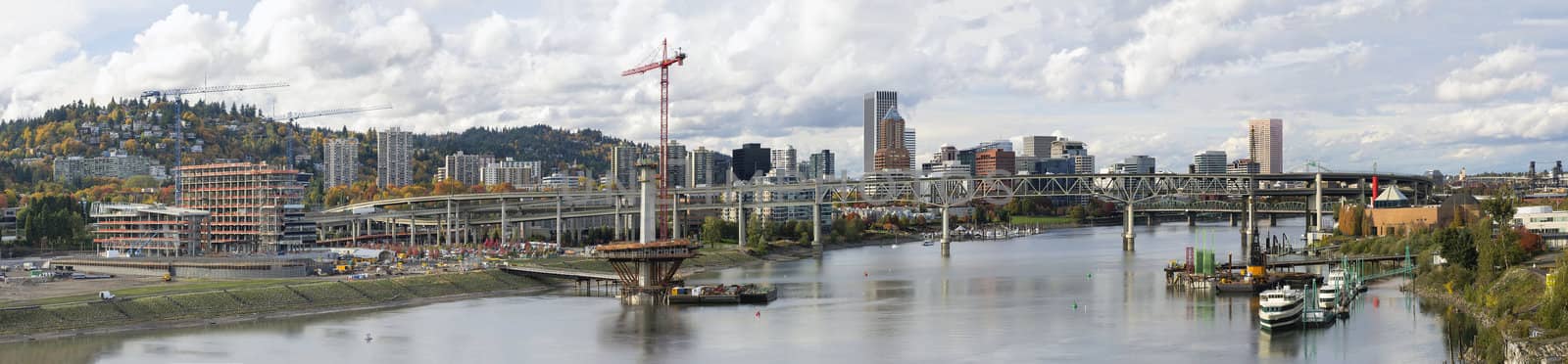 Portland Oregon Skyline Along Willamette River with Bridges Panorama