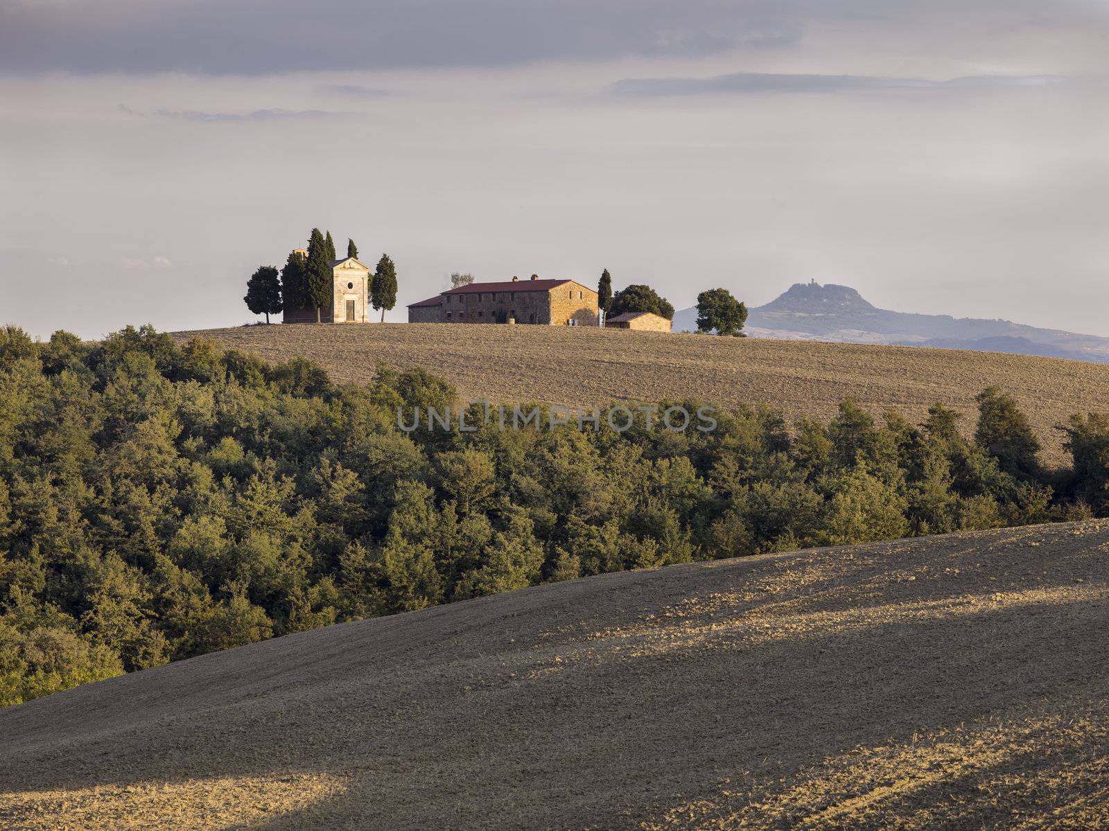 tuscan field with barn in the background