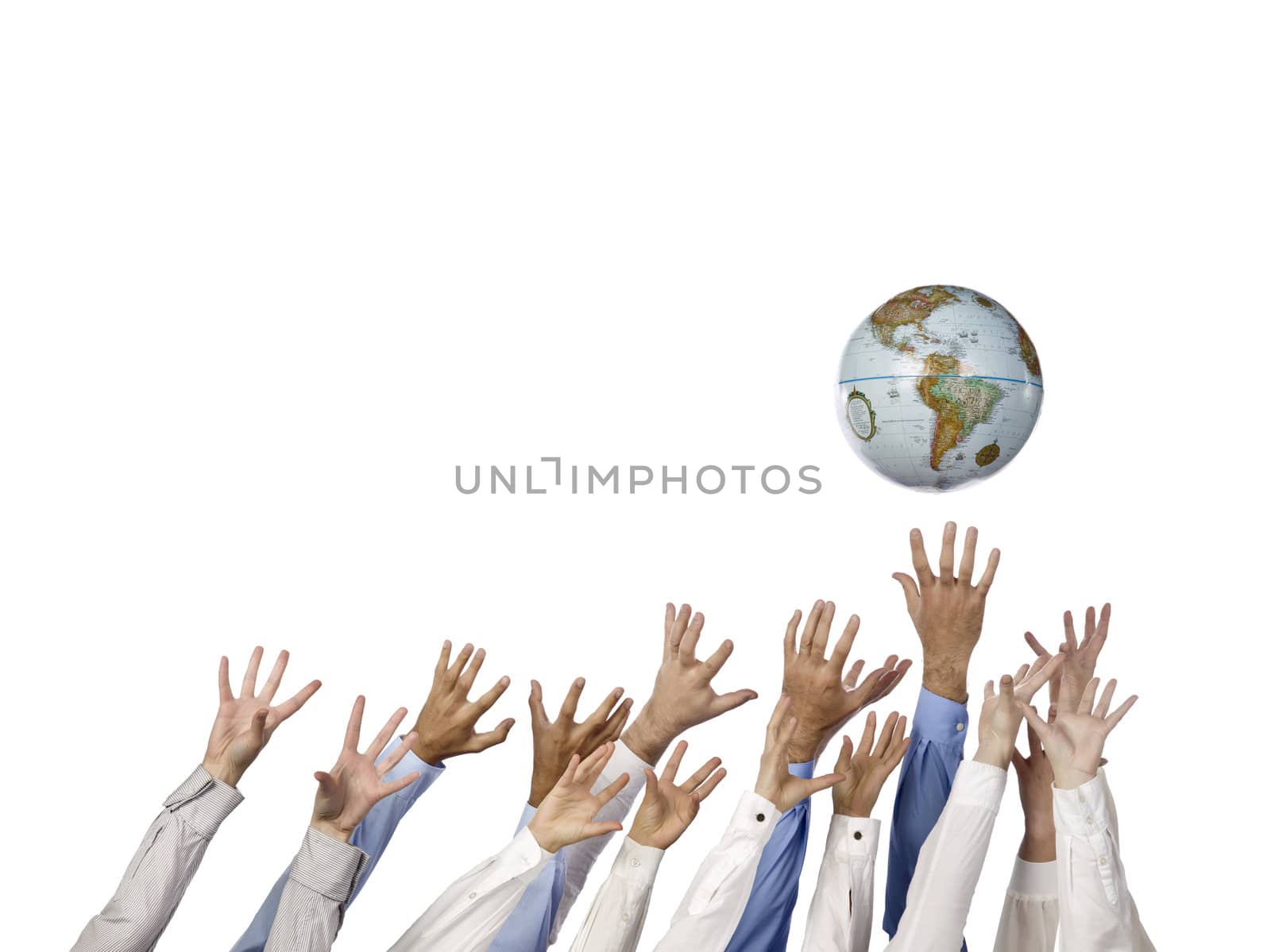 multi ethnic hands reaching for globe ball