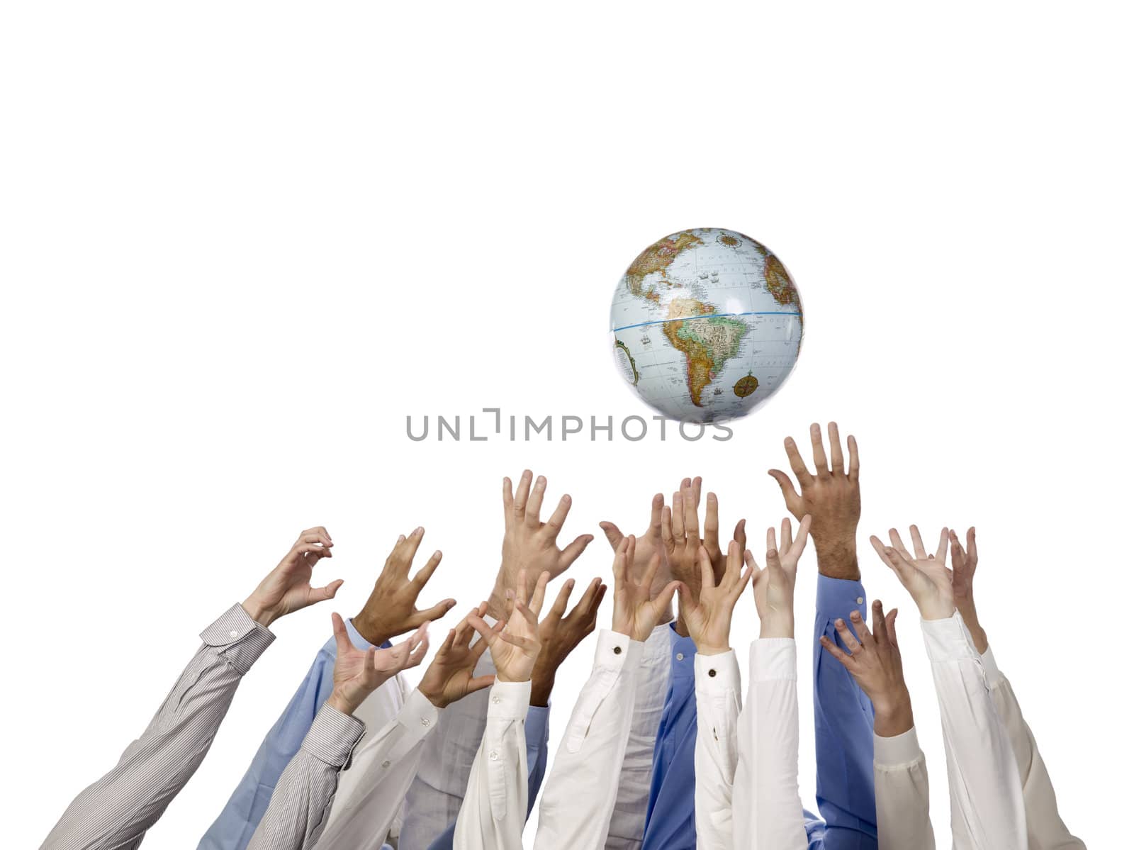 group of hands reaching the world globe