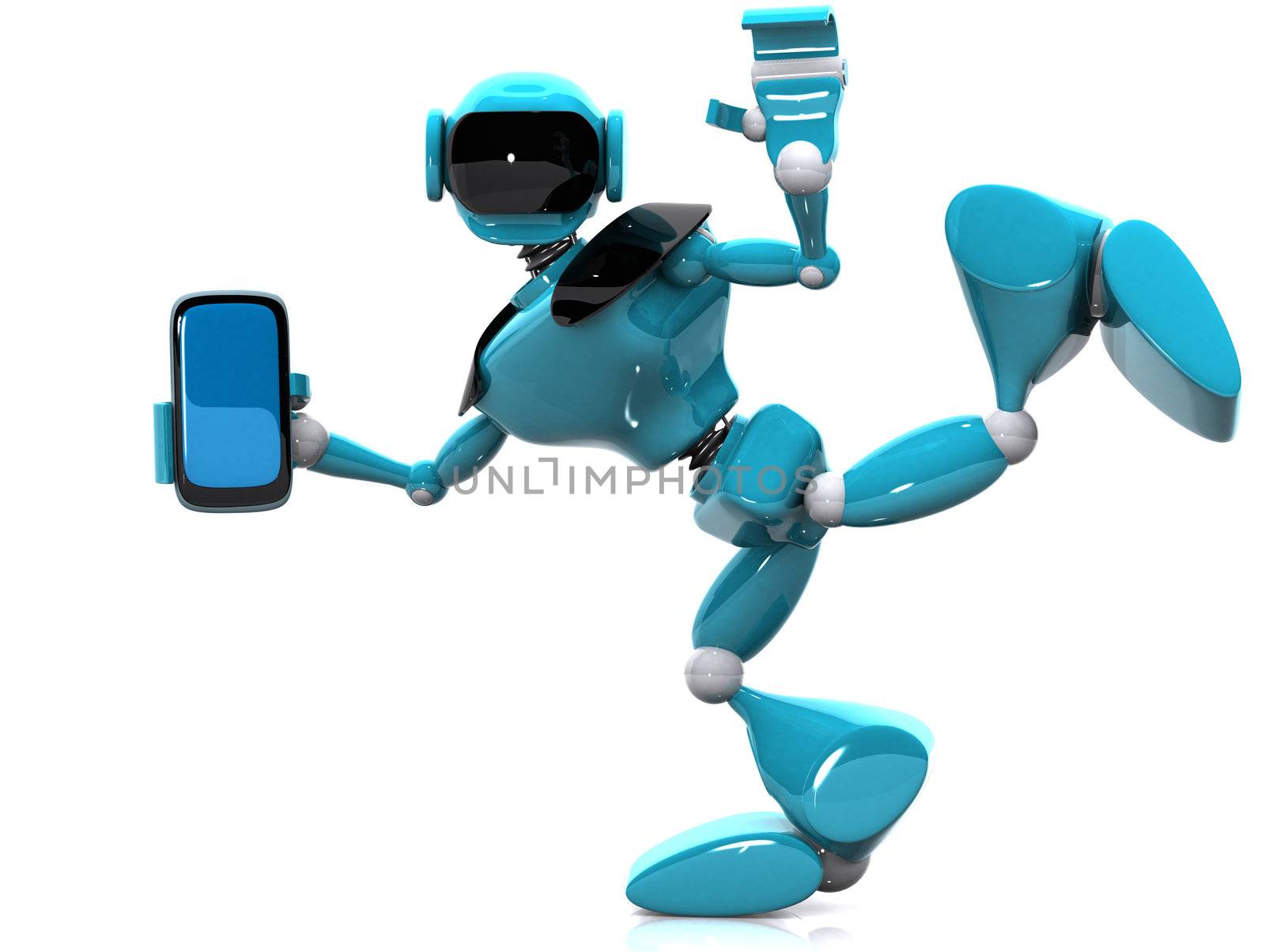 3d illustration of a blue robot and phone on white background