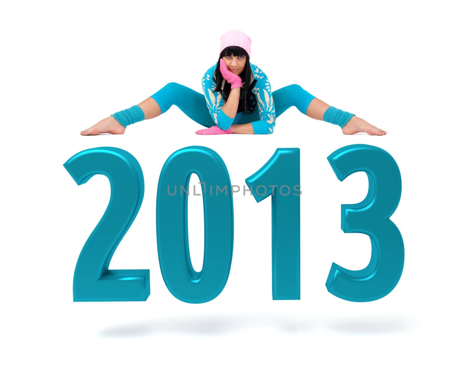 Young woman and 2013 New Year sign against isolated white background