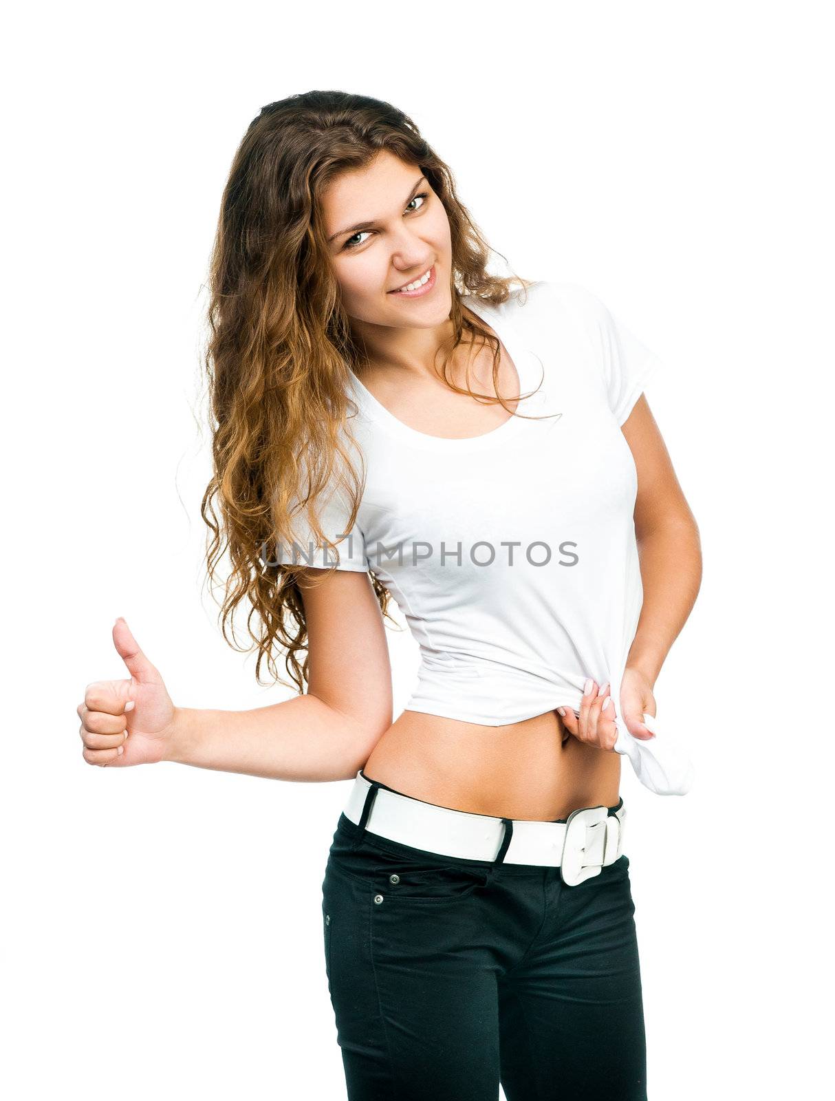 Smiling beautiful women posing with blank white shirts. Ready for your design