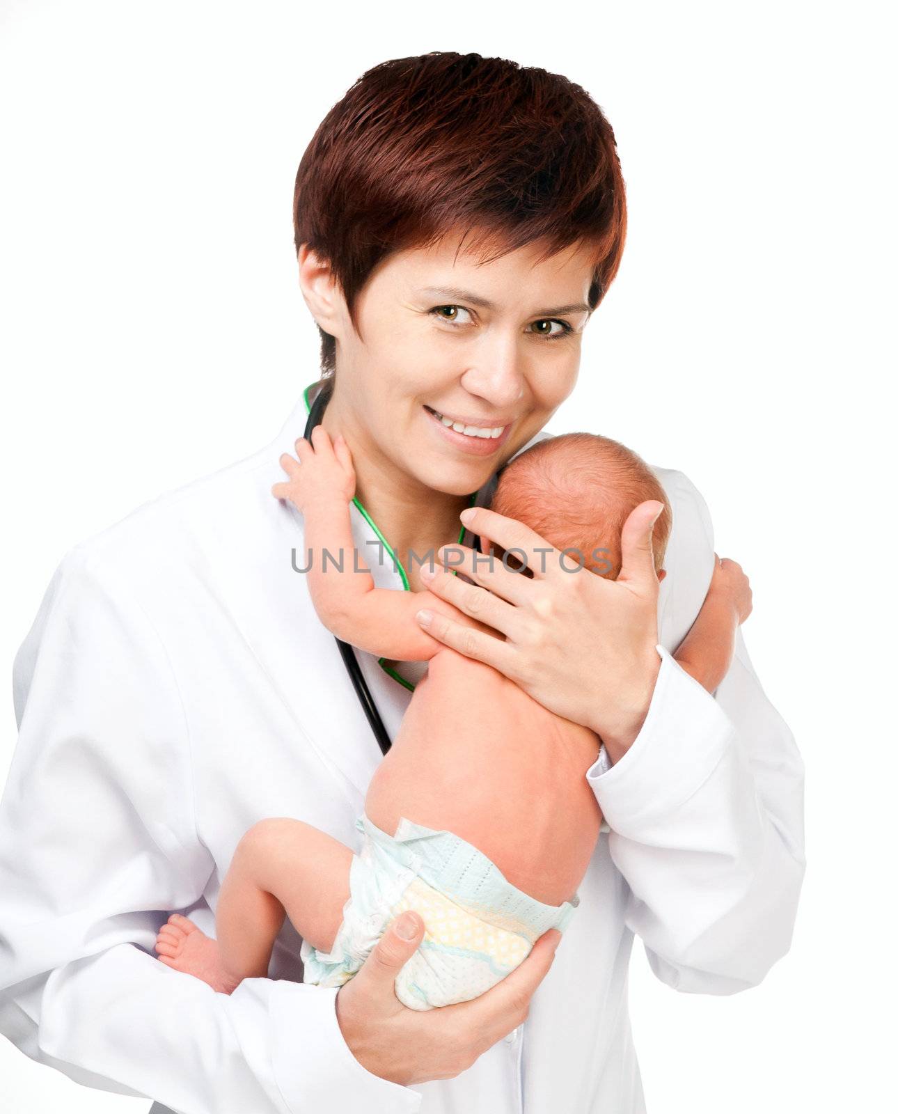 Doctor with a newborn a over white background
