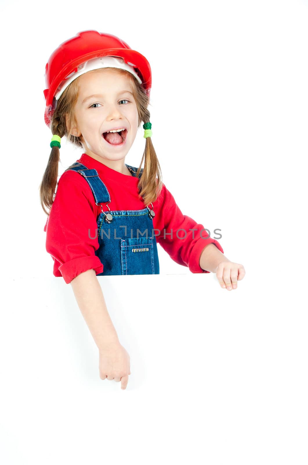 cute girl in the construction helmet with a white board