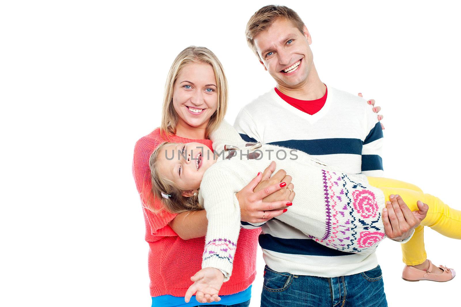 An excited daughter having fun in the safe hands of her parents. All on white background