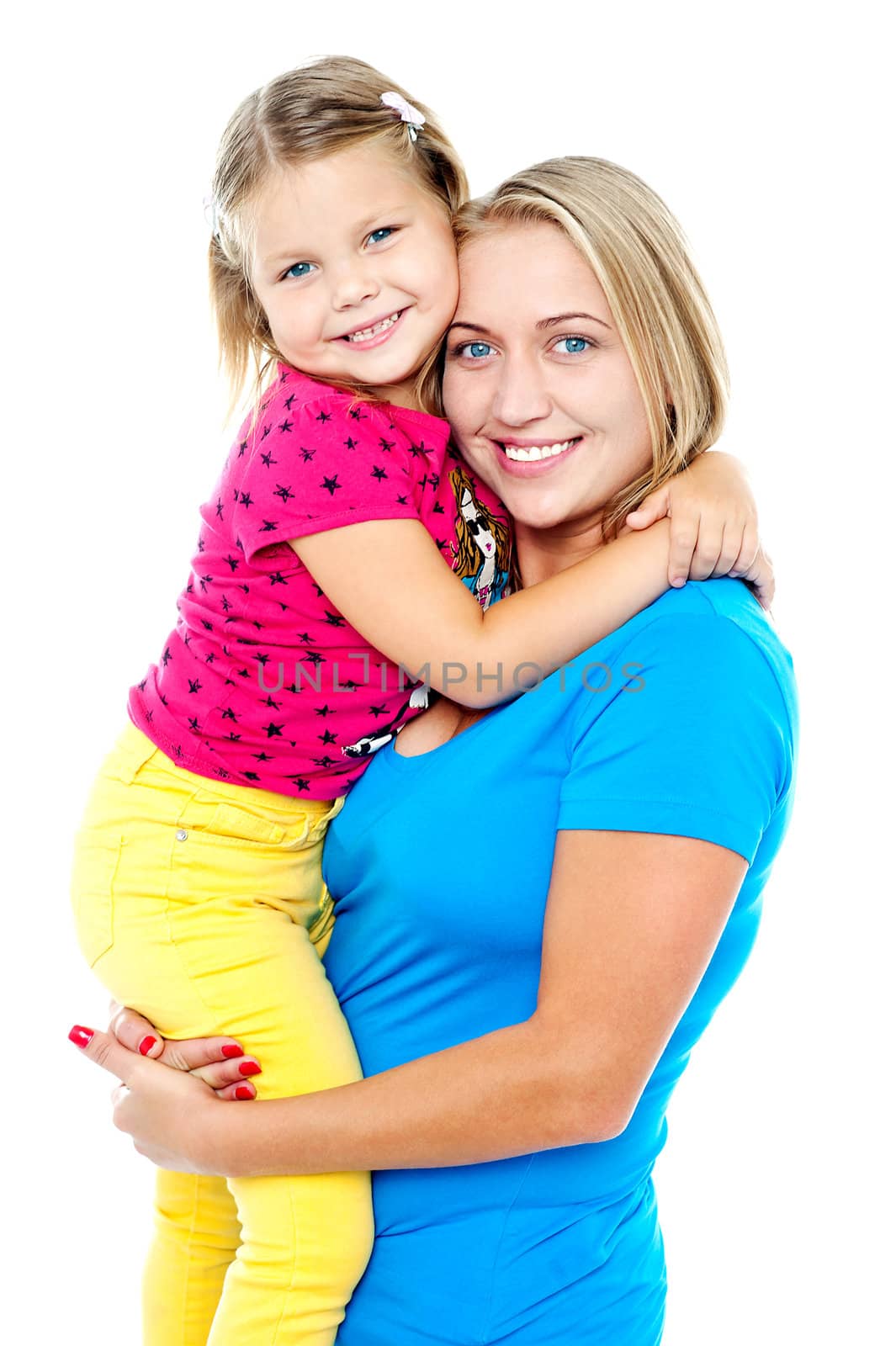 Cute daughter hugging her mom. Casual shot. All on white background