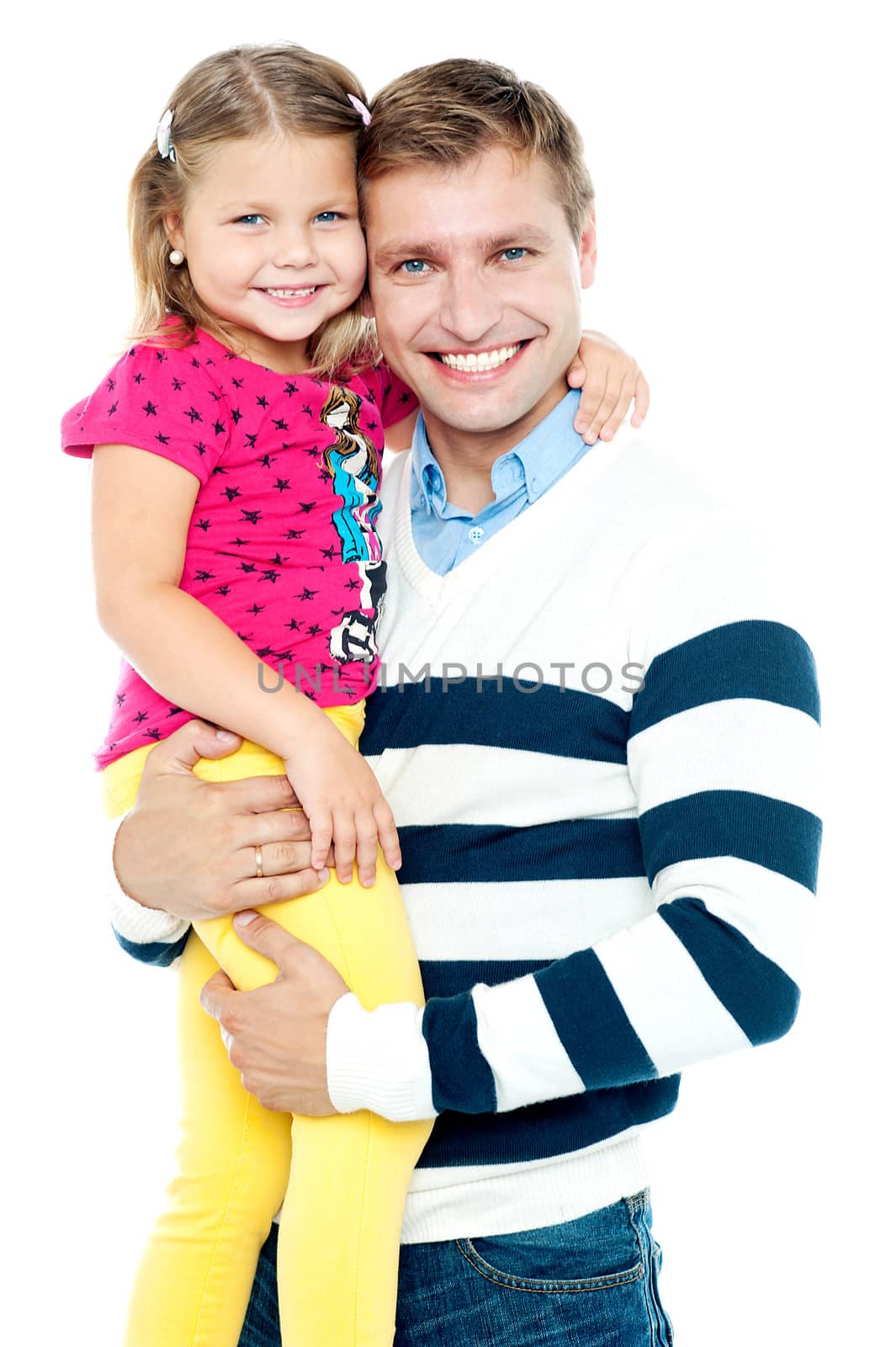 Father and daughter. Studio shot. Smiling