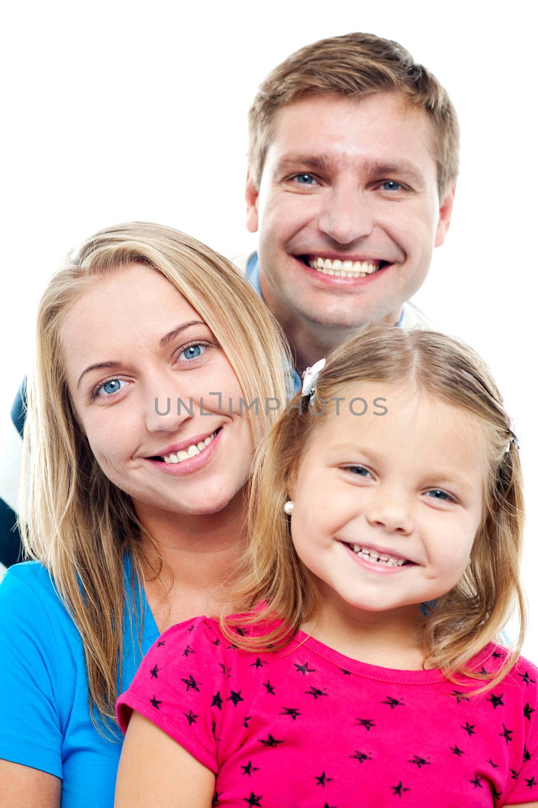 Husband posing with his adorable wife and daughter. All against white background