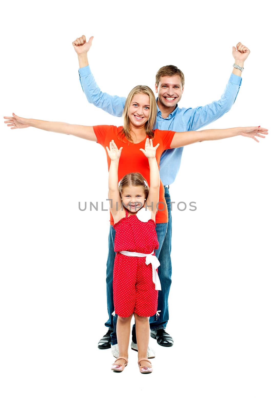 Fun loving family. Full length portrait. All on white background