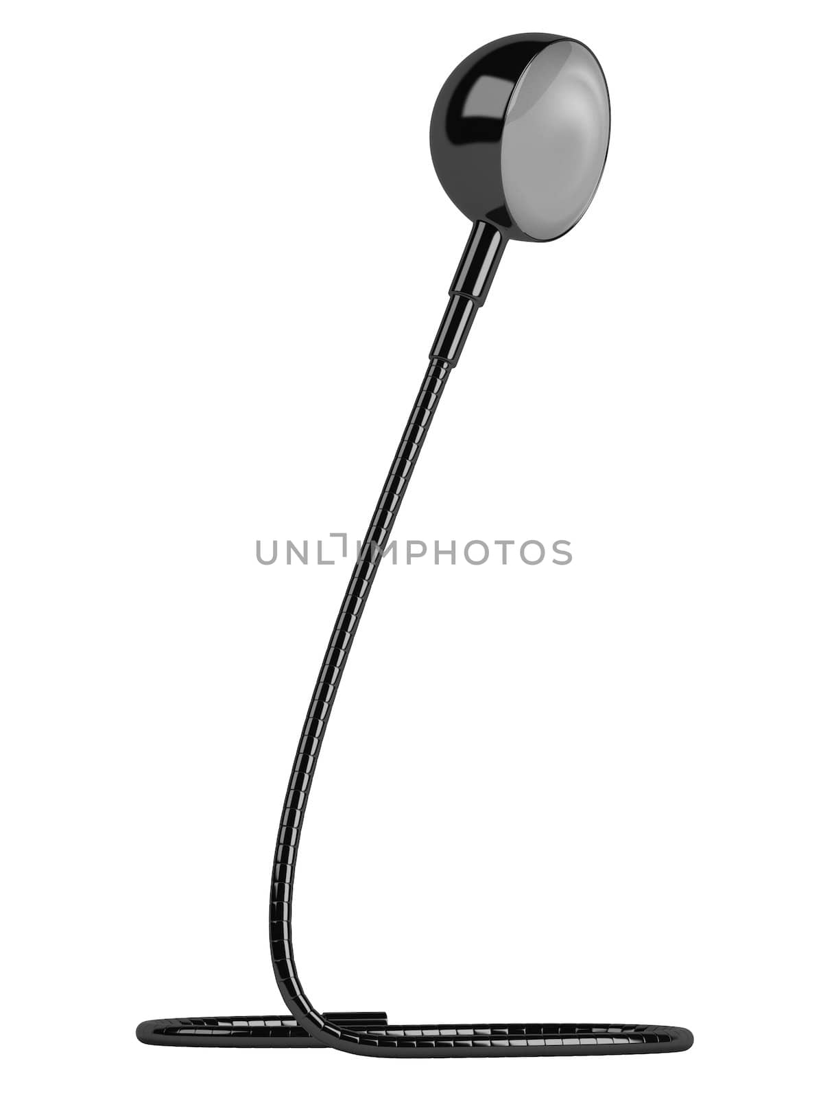 Modern desk lamp design with a spherical globe on a shaped and curved wire cable stand isolated on white