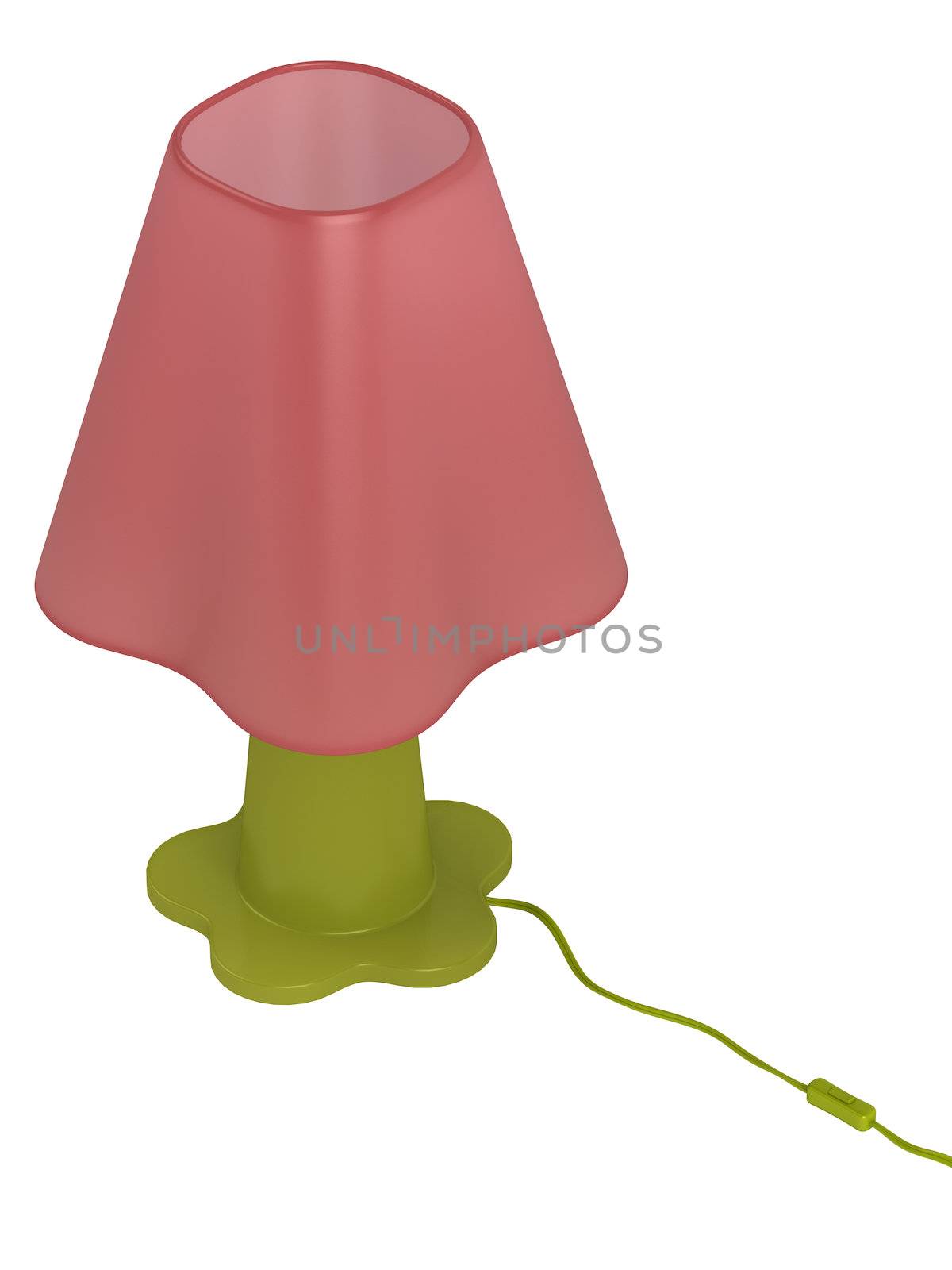 Modern green table lamp with a pink shade and switch isolated on a white background