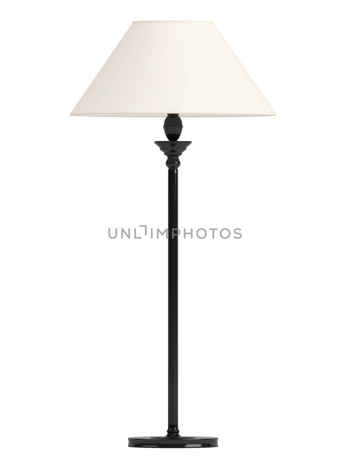 Classic standing lamp with a black base and white shade isolated on white