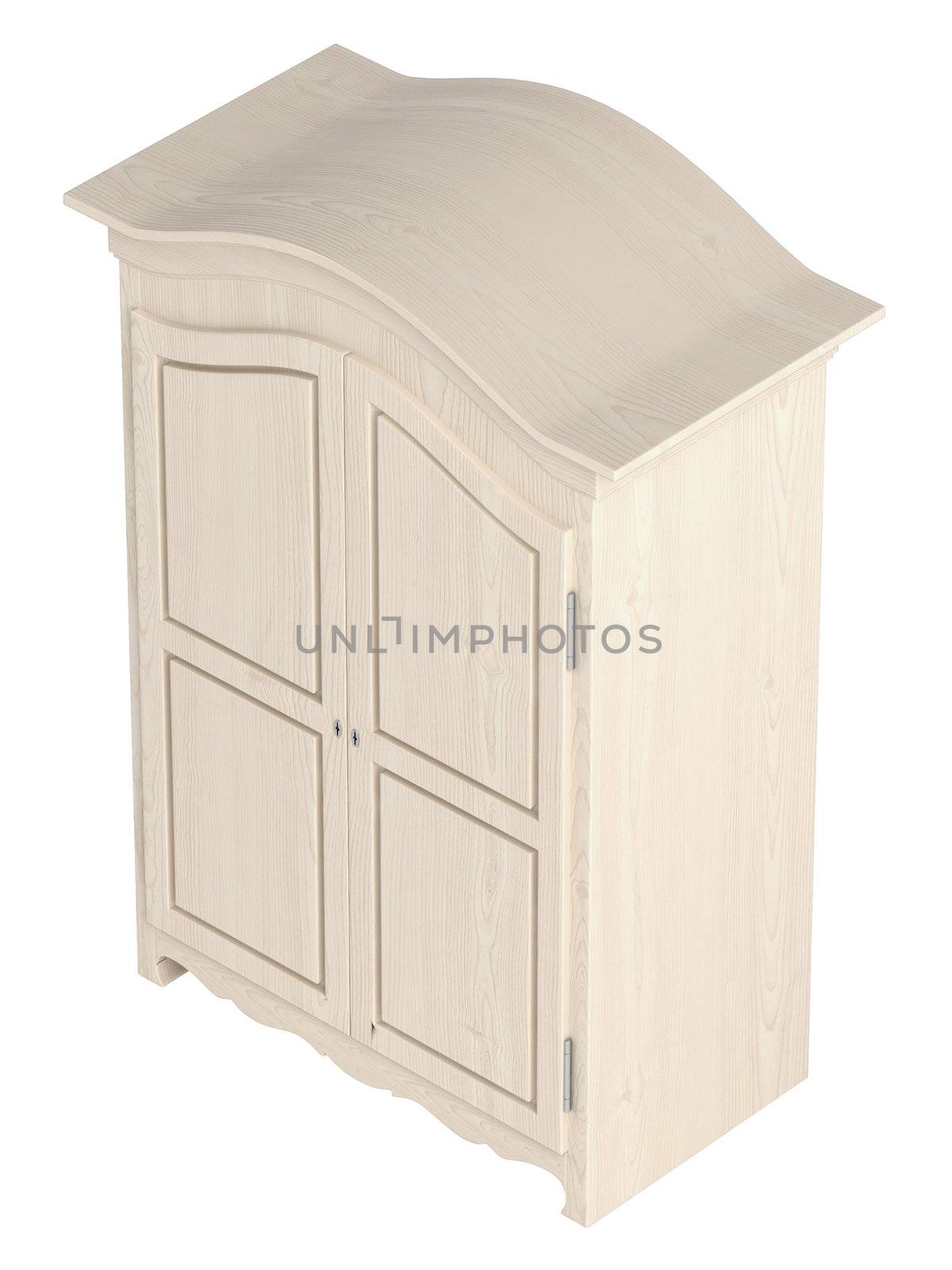 Rustic white painted wooden cupboard with a gable top isolated on white