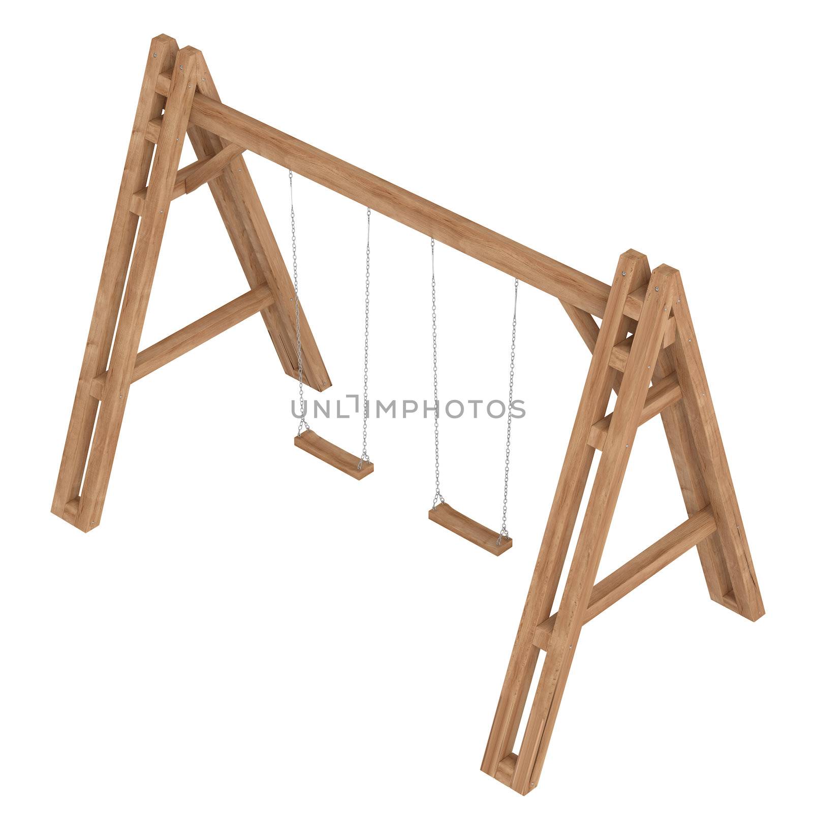 Wooden A-frame with swings to be used in a garden for the entertainment and amusement of children isolated on white