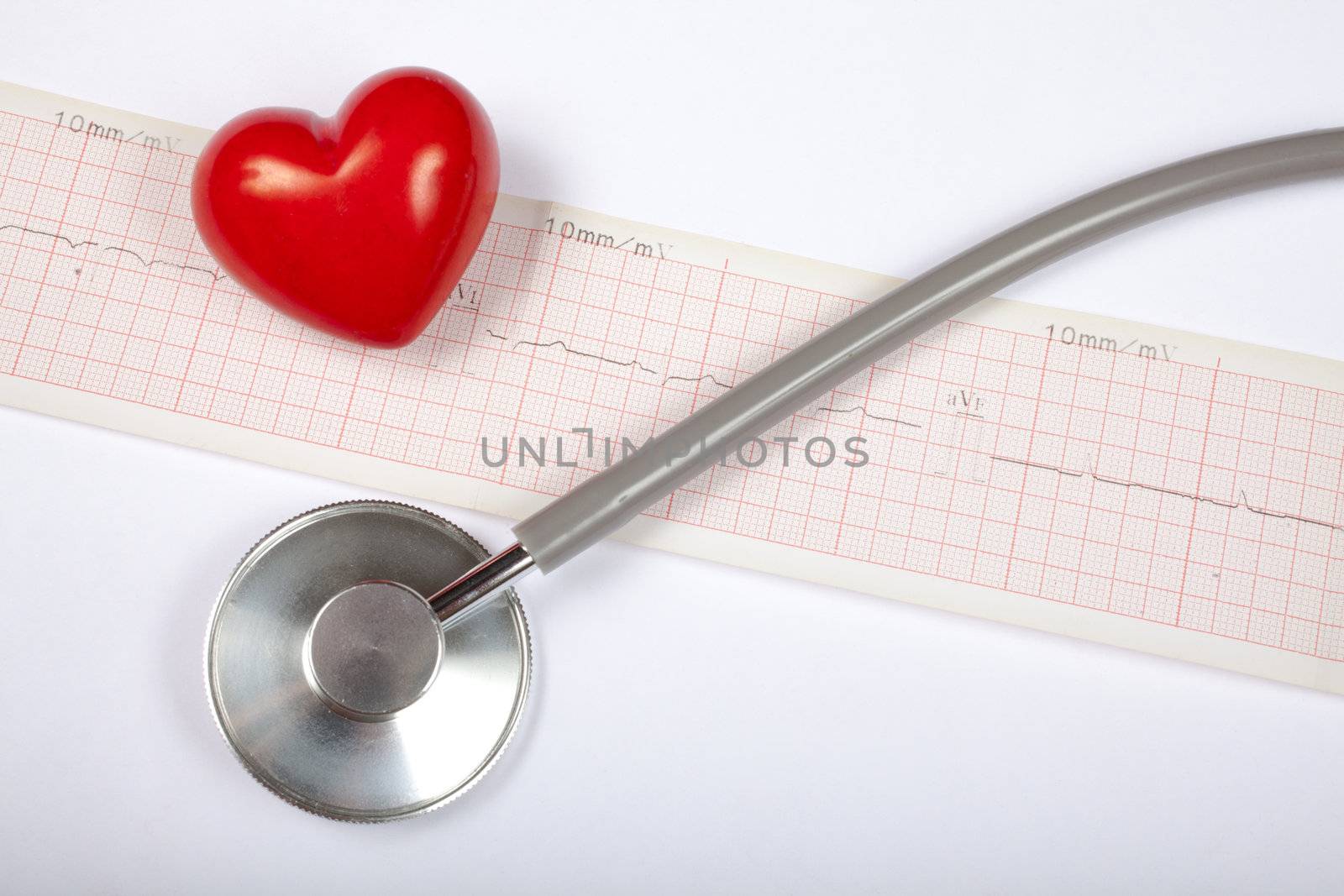 Stethoscope, red heart and cardiogram on white background
