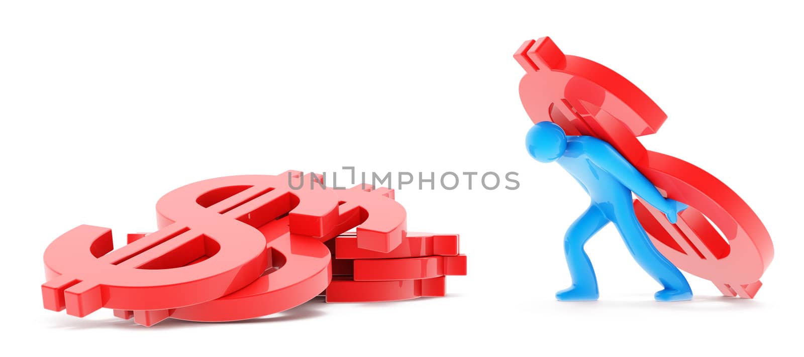 Blue man figure carring red dollar sign, isolated on white background, 3d render