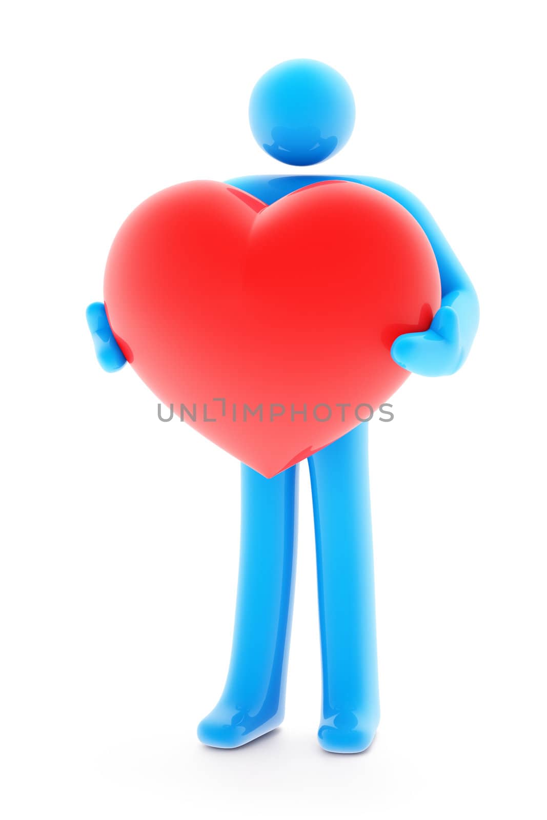 Man figure holding beautiful shiny red heart on white background