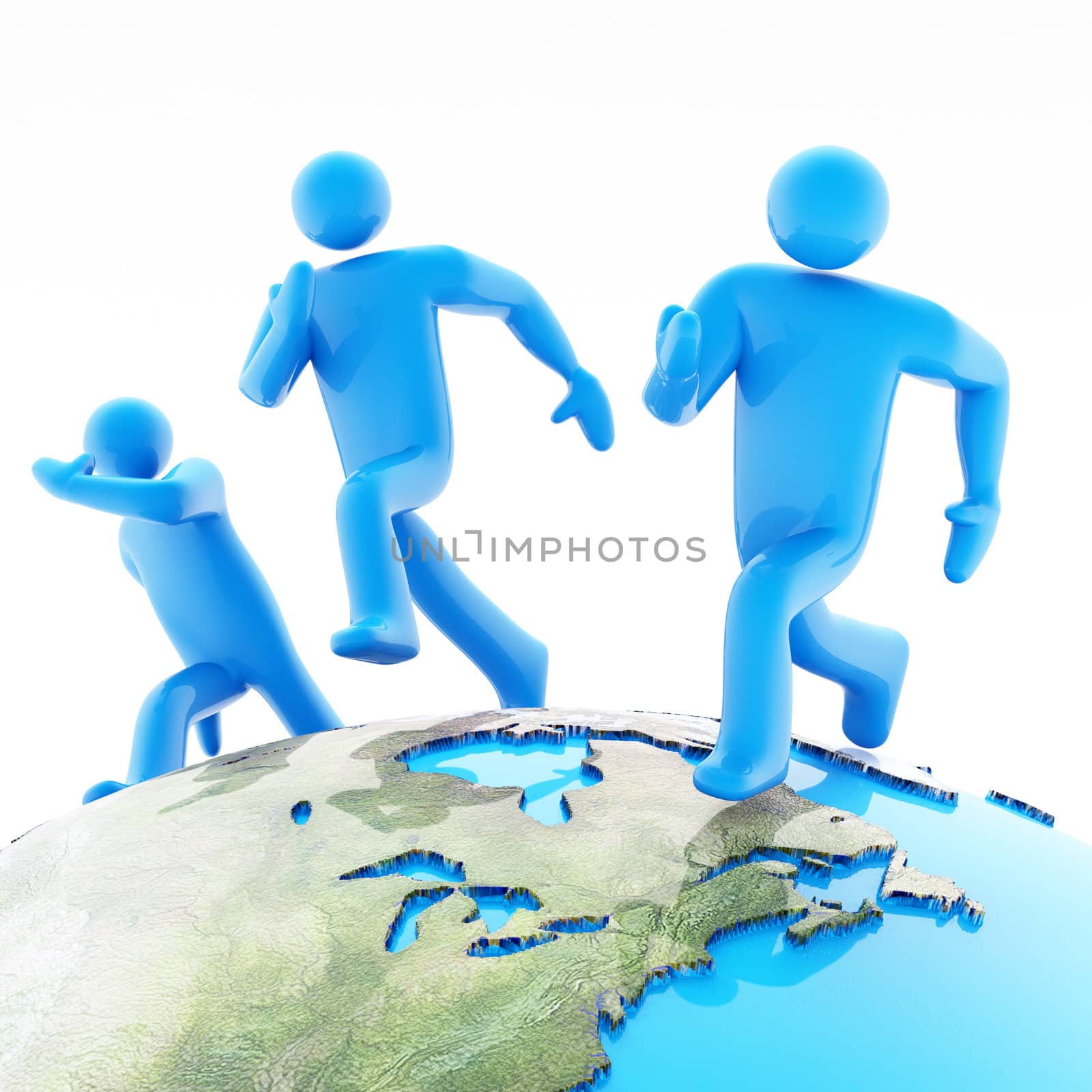 Tree blue sportsmen figures running on the Earth globe