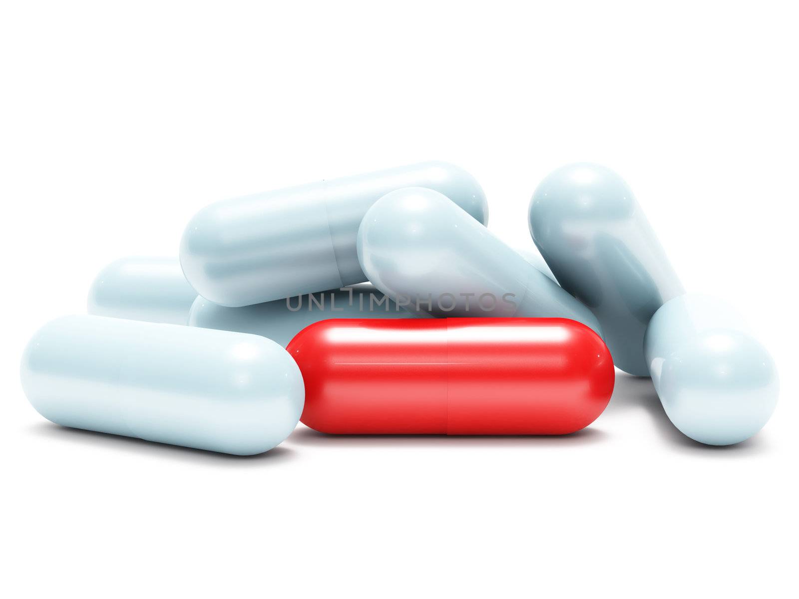 Many white and one red shiny pills (medical capsule) by maxkabakov