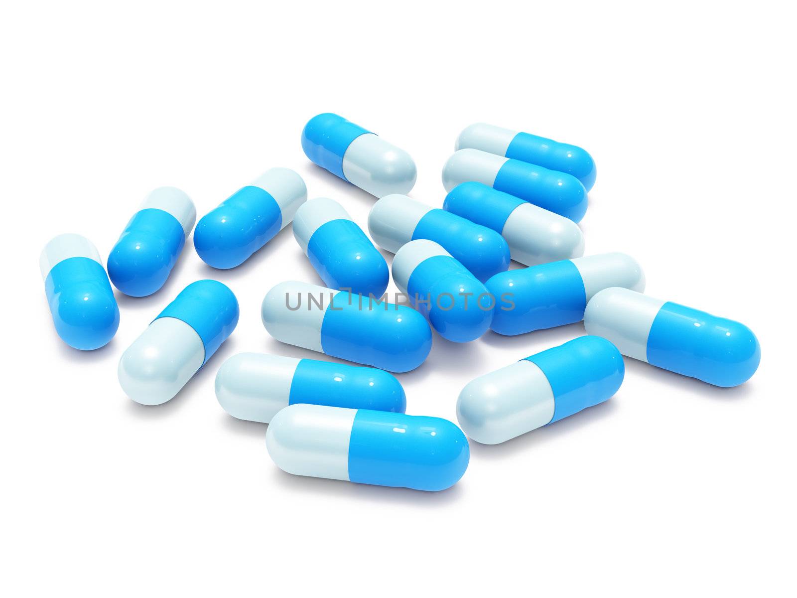 Many blue-gray pills on white background