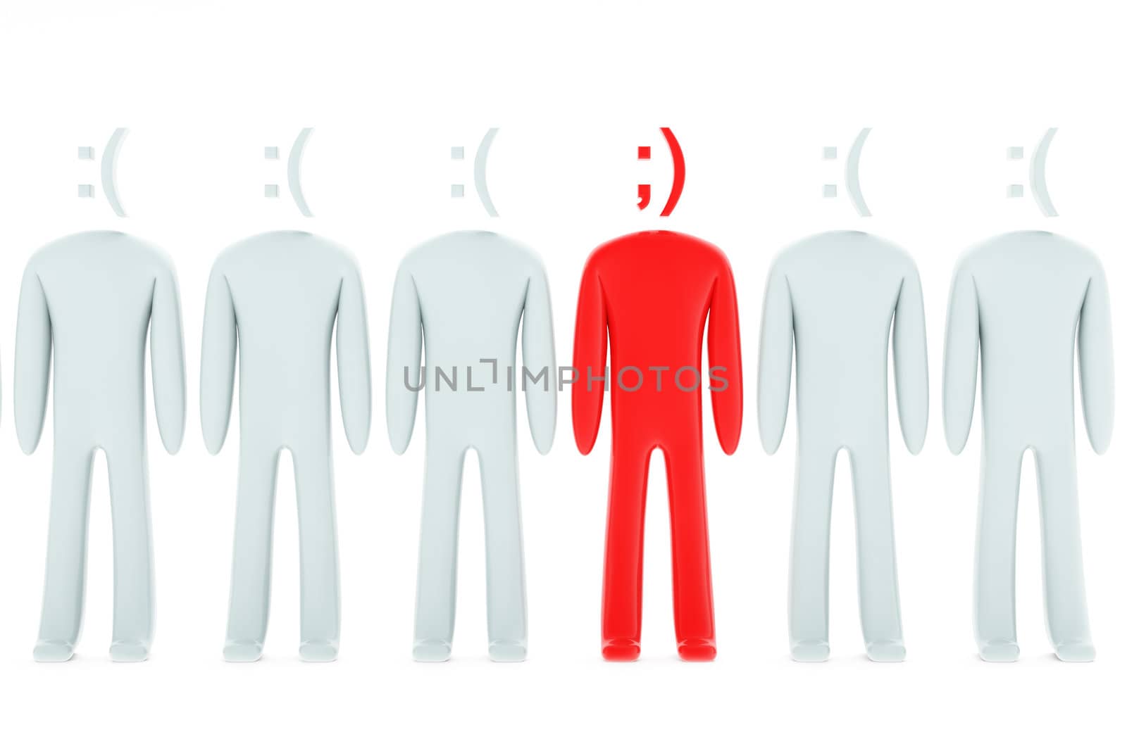 Peoples with sad and cheerful emoticon-shaped heads on white background