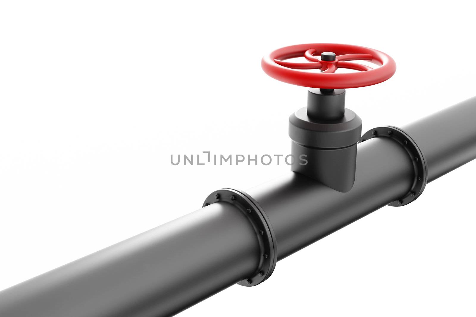 Black oil pipe with red valve, isolated on white background