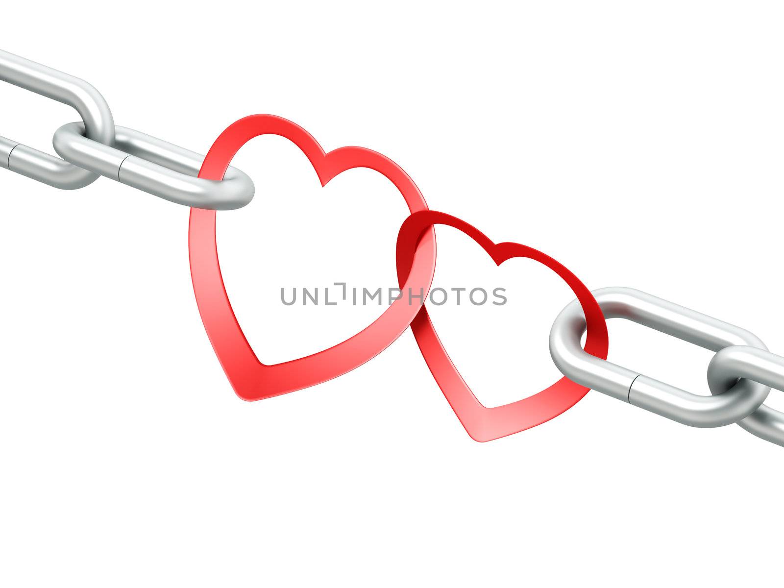 Steel chain with two joined red hearts on white background