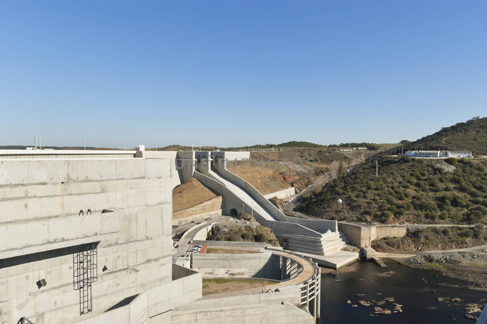Overview of the downstream side of Alqueva dam in Guadiana river, Alentejo, Portugal
