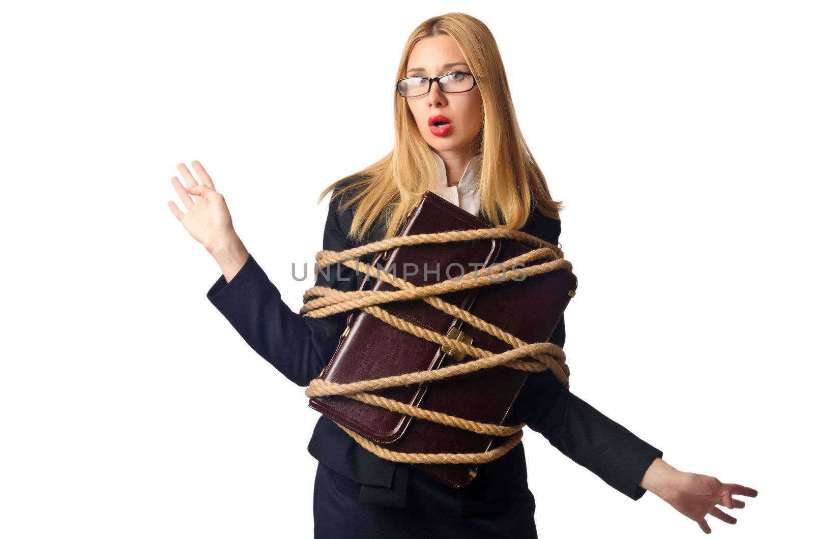 Woman businessman tied up with rope