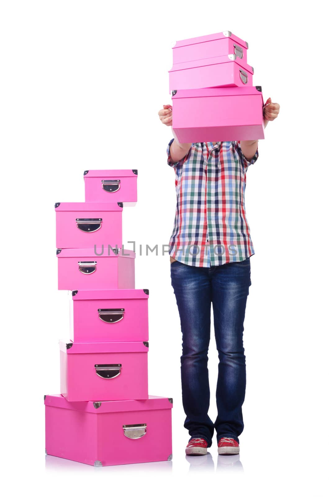 Girl with stack of giftboxes on white by Elnur