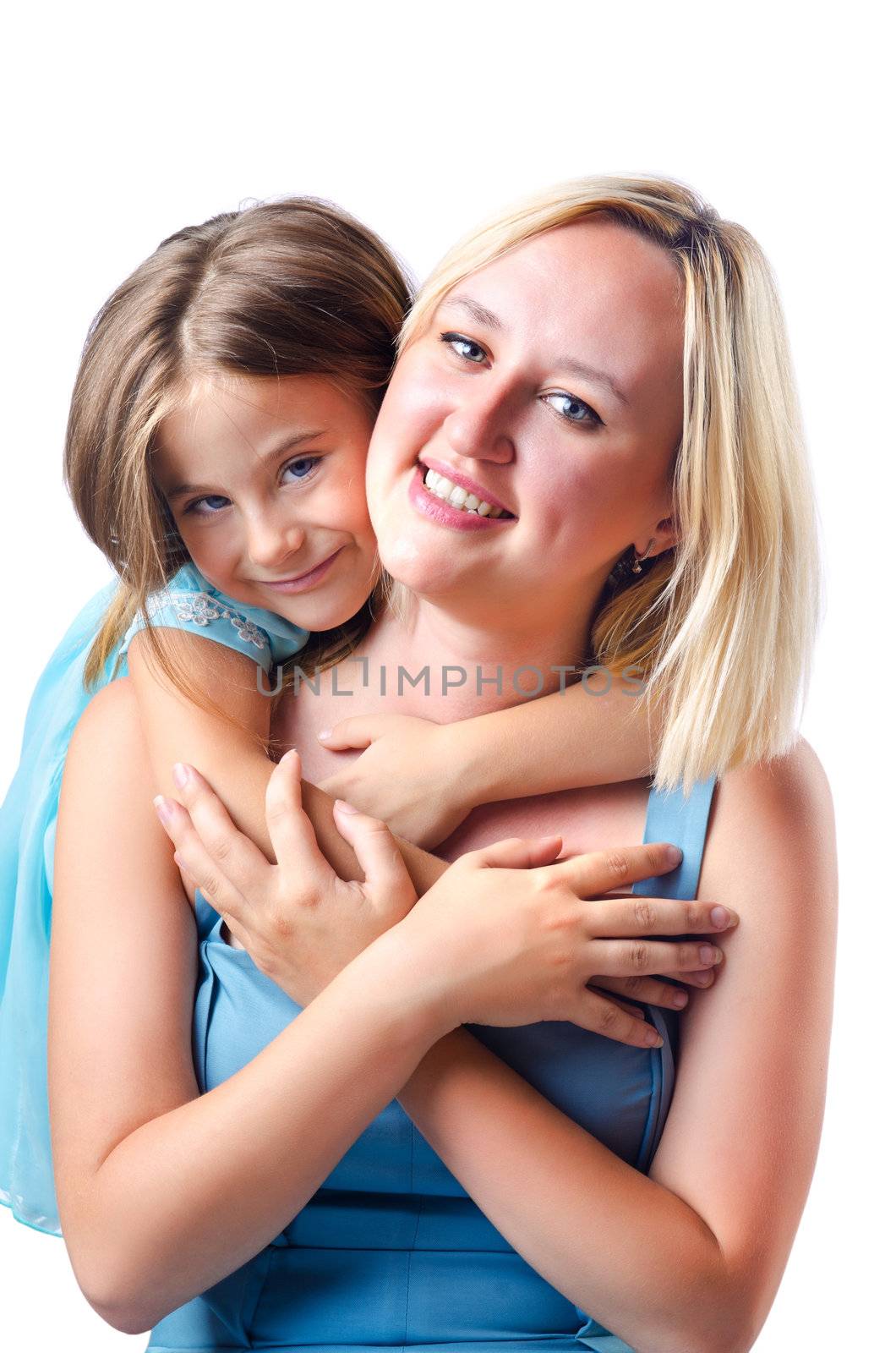 Happy mom and daughter on white