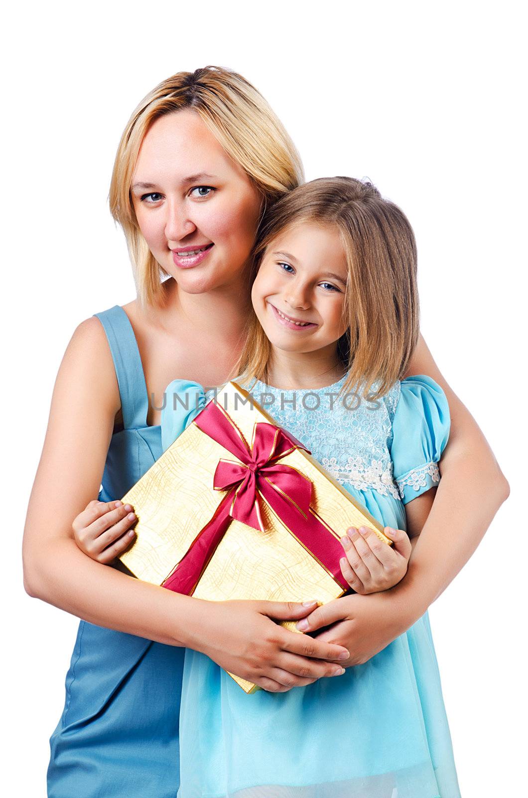 Happy mom and daughter on white