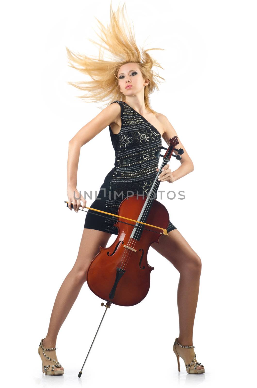 Woman performer with cello on white by Elnur