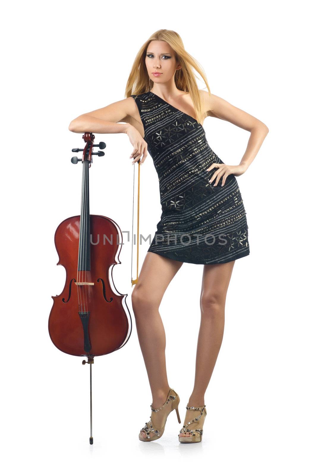 Woman performer with cello on white