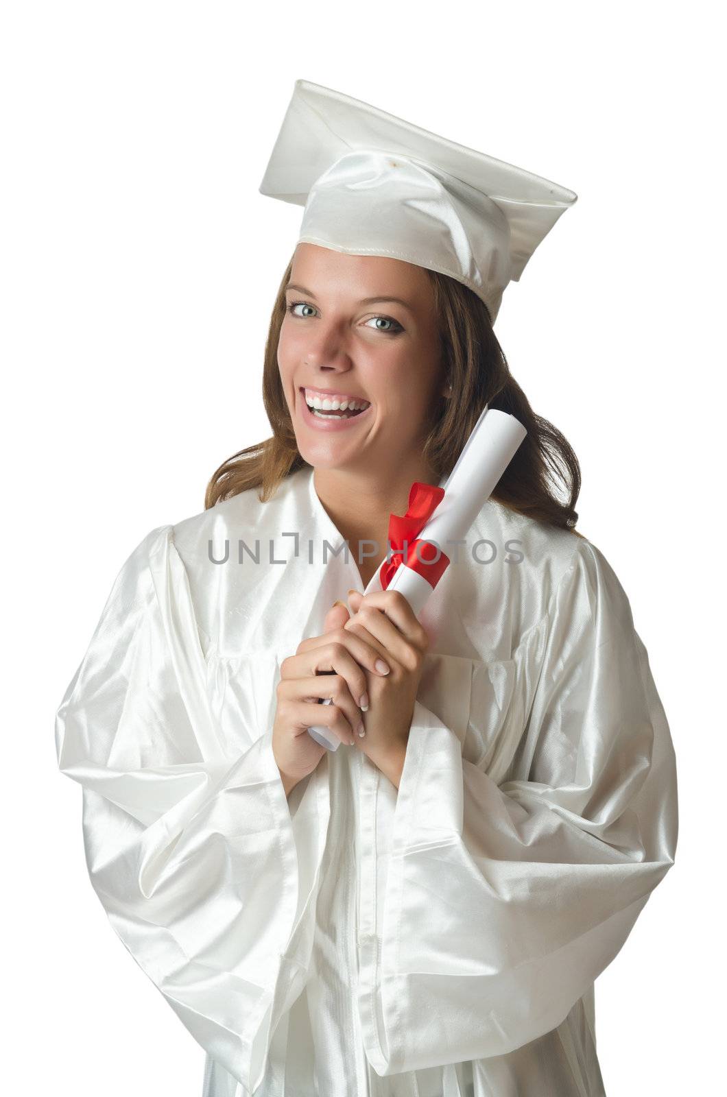 Young student with diploma on white