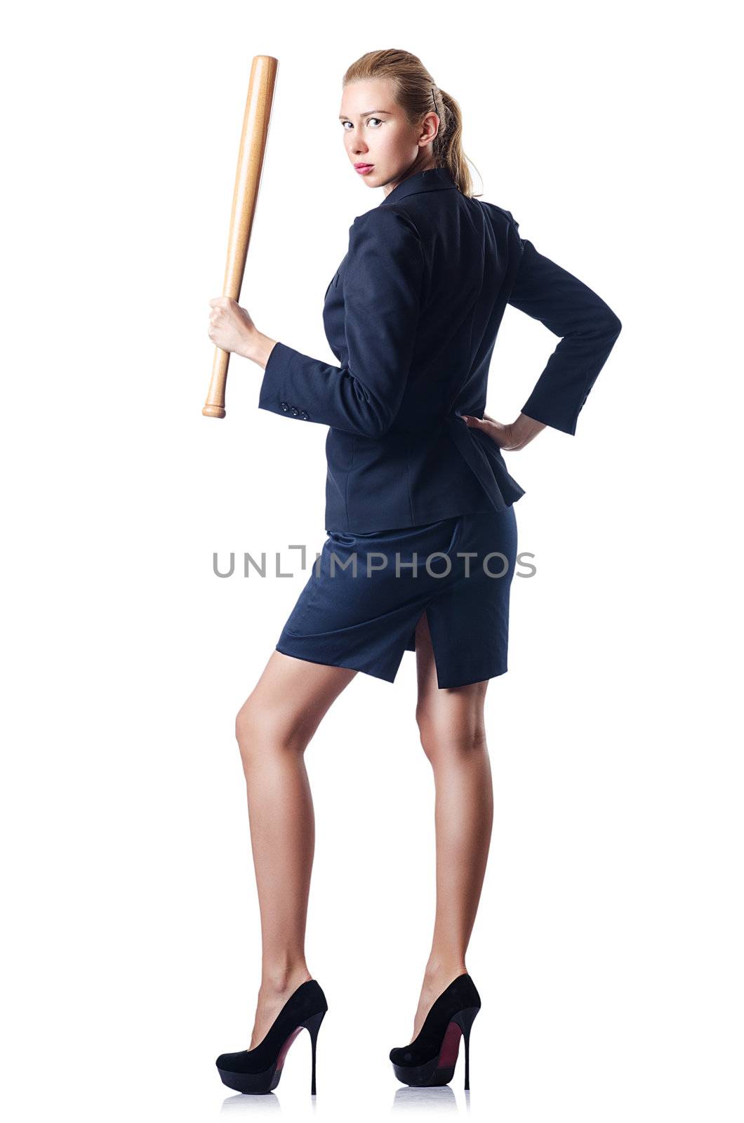 Businesswoman with baseball bat on white