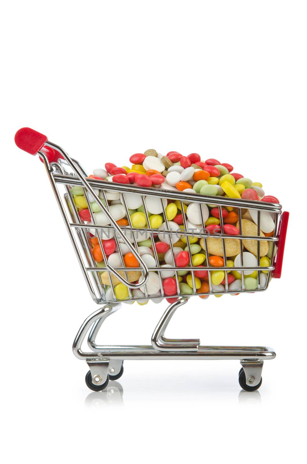 Shopping cart with many colourful pills