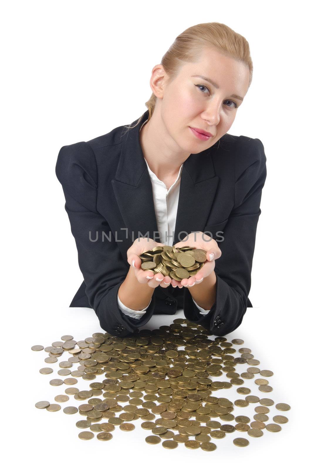 Woman with lots of coins on white