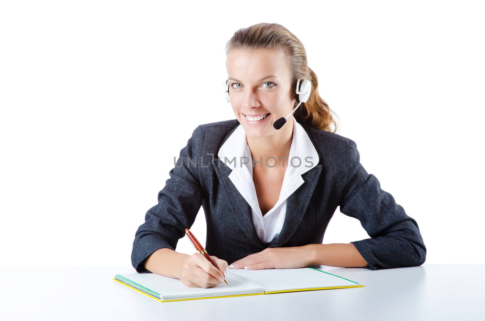 Female helpdesk operator on white