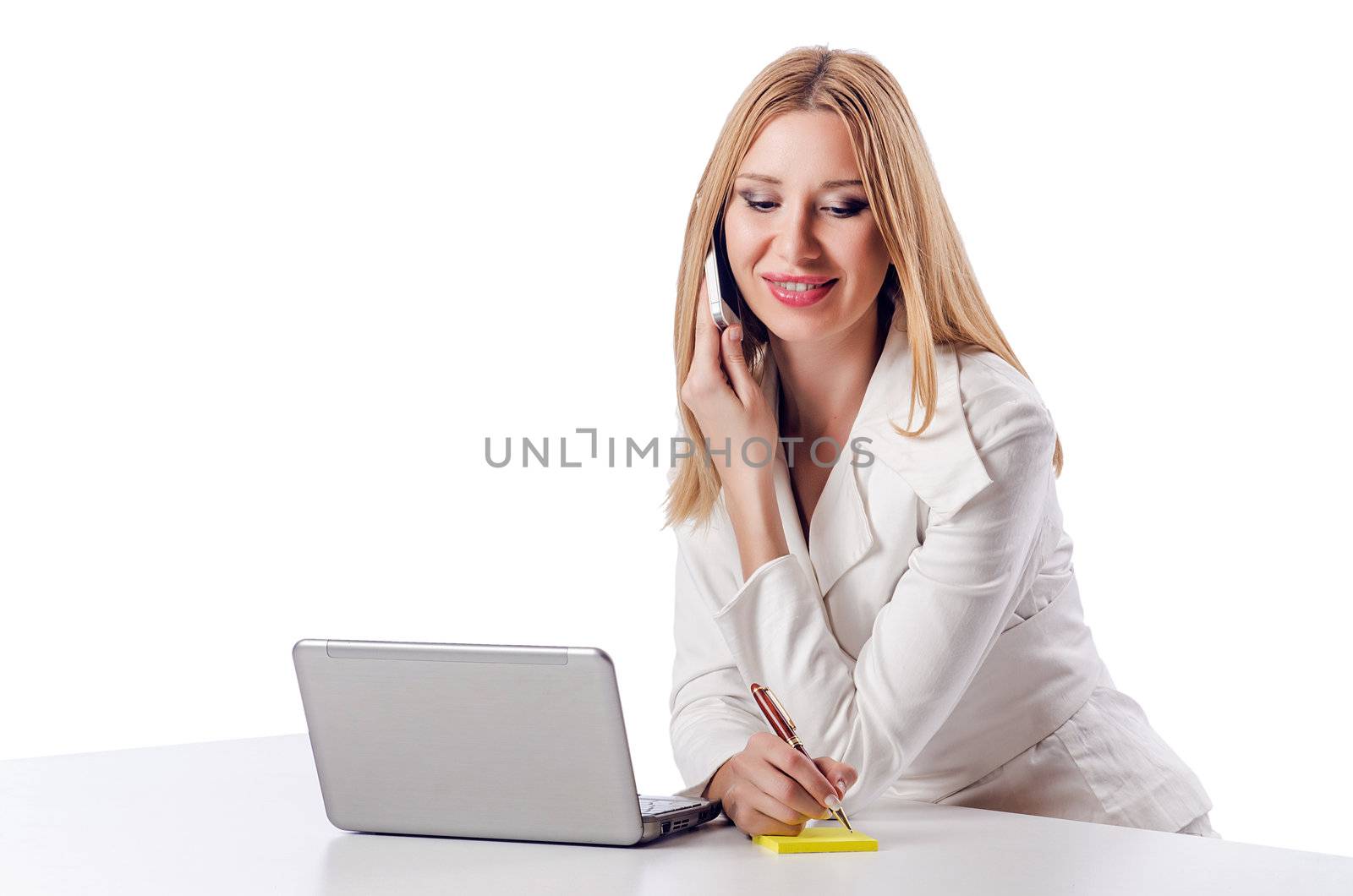 Woman with laptop on white by Elnur