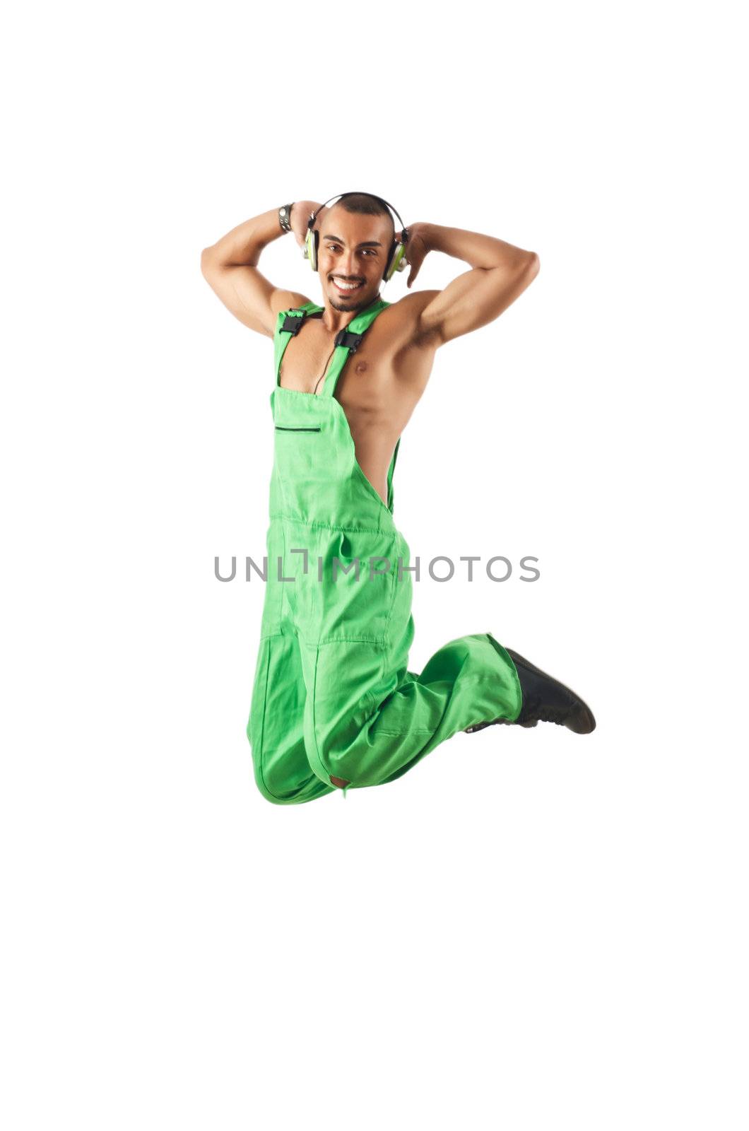 Construction worker jumping and dancing by Elnur