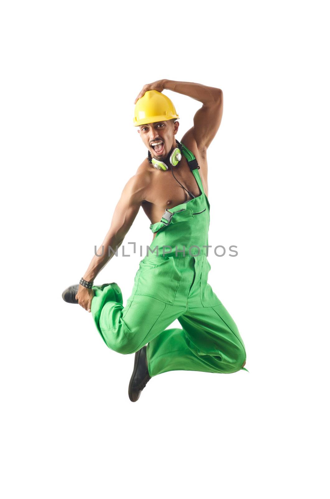 Construction worker jumping and dancing by Elnur